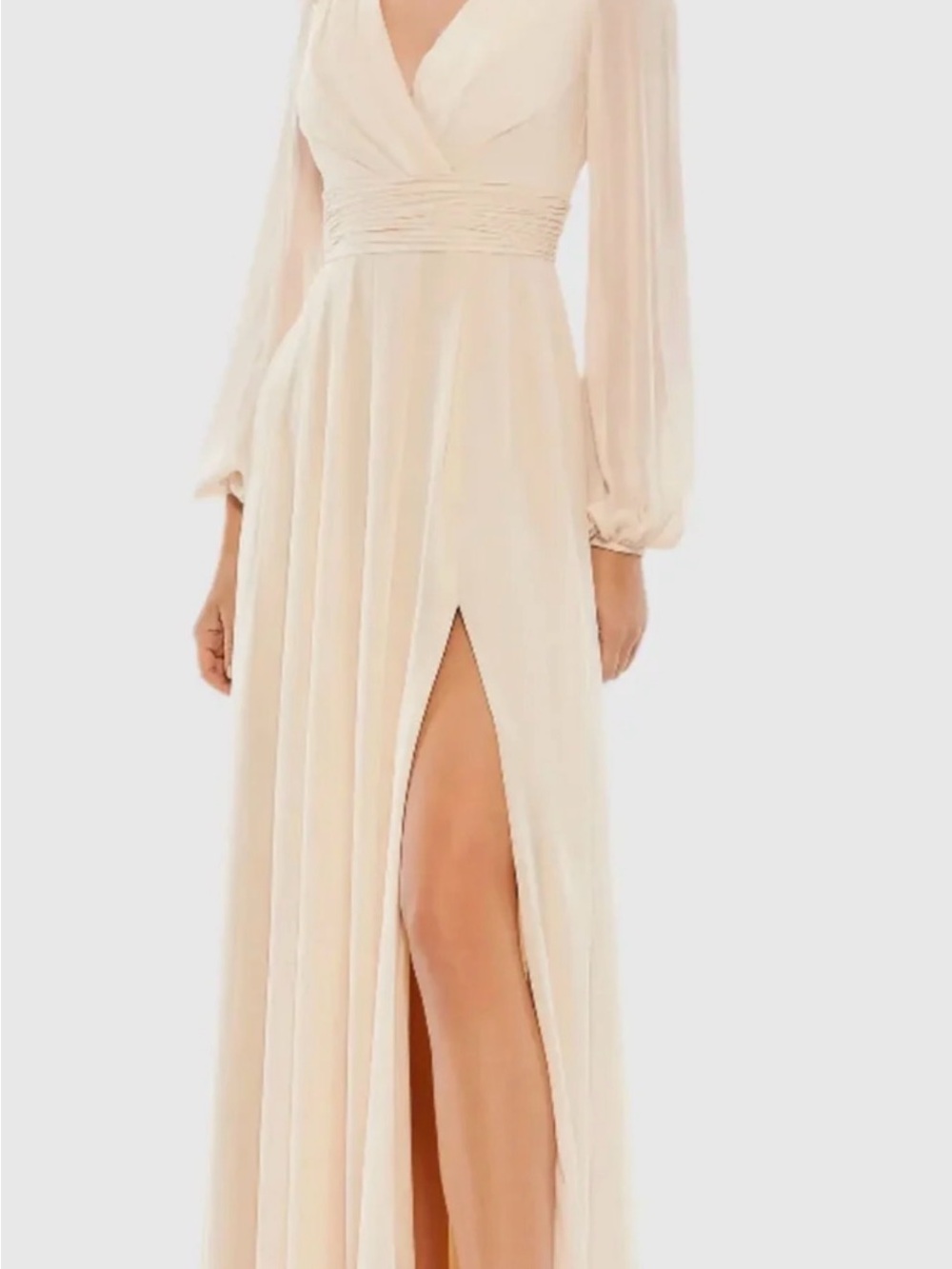 Mac Duggal Cream Long Sleeve V-Neck Maxi Gown with High Slit